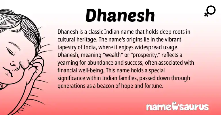 Infographic about Dhanesh name meaning, Dhanesh is a name from Indian origin(s).