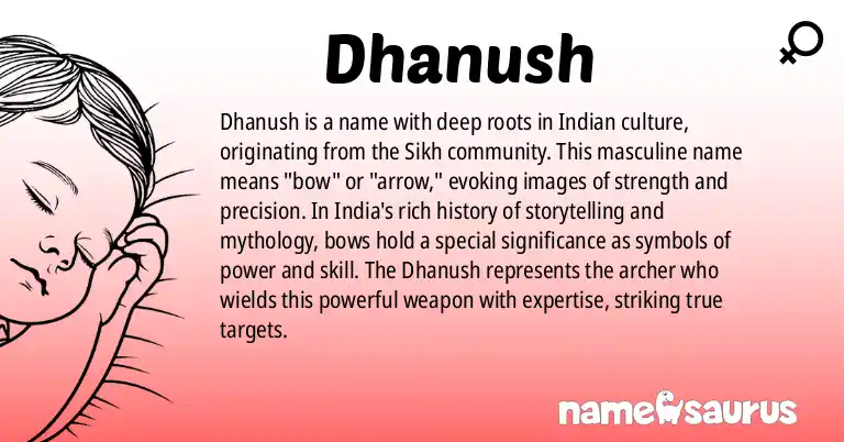Infographic about Dhanush name meaning, Dhanush is a name from Indian, Indian (Sikh) origin(s).