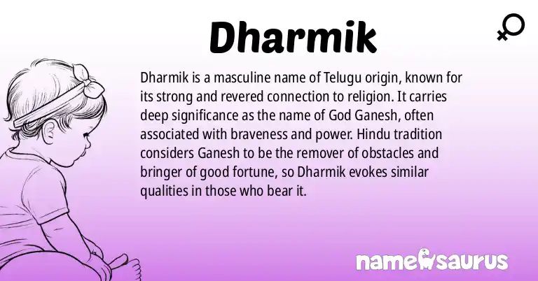 Infographic about Dharmik name meaning, Dharmik is a name from Telugu origin(s).