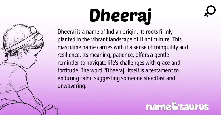 Infographic about Dheeraj name meaning, Dheeraj is a name from Hindi origin(s).