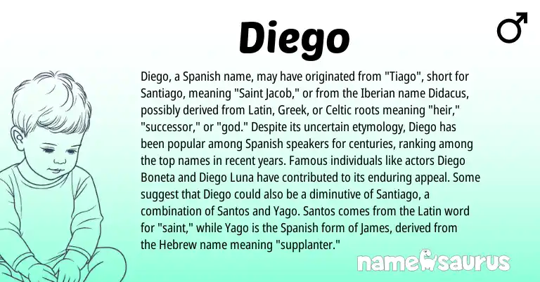 Infographic about Diego name meaning, Diego is a name from Spanish, Latin, Celtic, Greek, Hebrew origin(s).