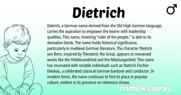 Infographic about Dietrich name meaning, Dietrich is a name from Old High German, German, Theodoric origin(s).