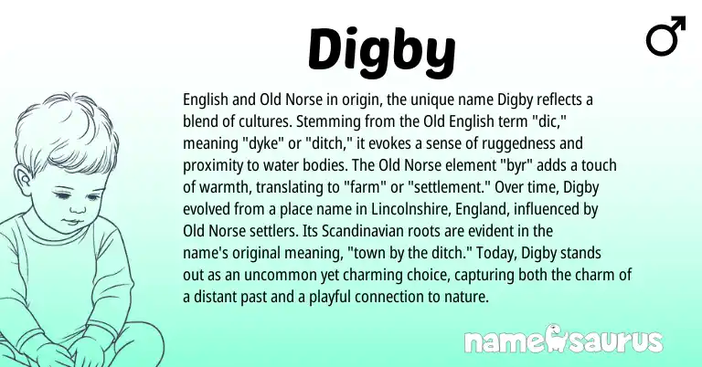 Infographic about Digby name meaning, Digby is a name from Old Norse, Scandinavian, English, England, Old English origin(s).