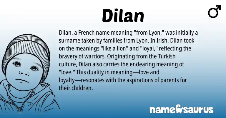 Infographic about Dilan name meaning, Dilan is a name from Irish, French, Turkish origin(s).