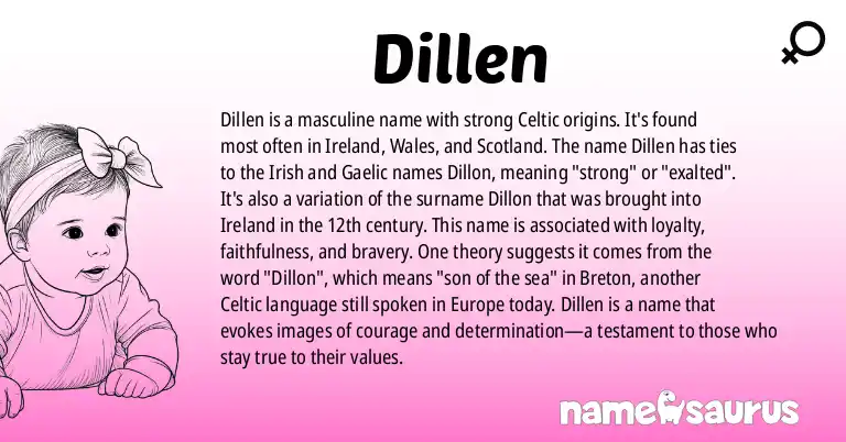 Infographic about Dillen name meaning, Dillen is a name from Irish, Celtic, Welsh origin(s).