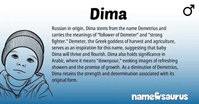 Infographic about Dima name meaning, Dima is a name from Russian, Arabic, Greek origin(s).