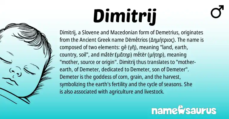 Infographic about Dimitrij name meaning, Dimitrij is a name from Macedonian, Slovene, Ancient Greek origin(s).