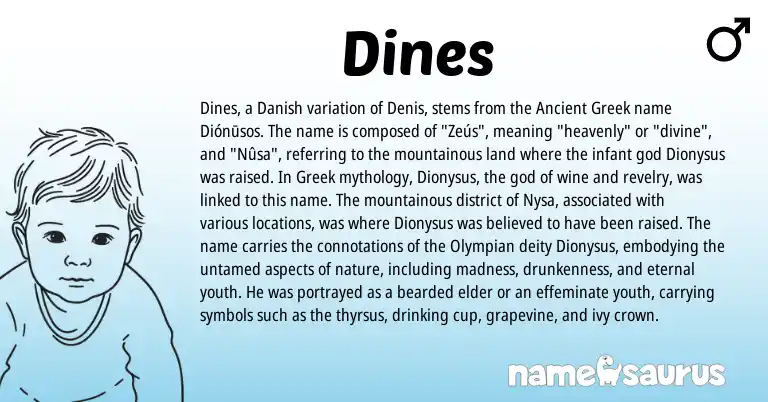 Infographic about Dines name meaning, Dines is a name from Ancient Greek, Danish, Greek origin(s).