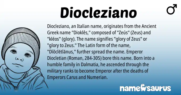 Infographic about Diocleziano name meaning, Diocleziano is a name from Roman, Ancient Greek, Latin, Italian origin(s).