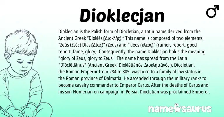 Infographic about Dioklecjan name meaning, Dioklecjan is a name from Roman, Polish, Ancient Greek, Latin origin(s).