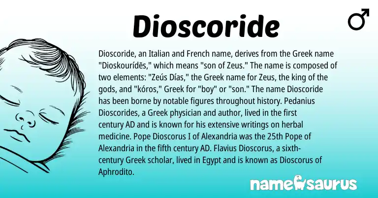 Infographic about Dioscoride name meaning, Dioscoride is a name from French, Greek, Italian origin(s).
