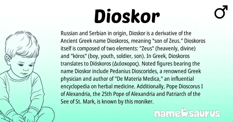 Infographic about Dioskor name meaning, Dioskor is a name from Russian, Serbian, Greek, Ancient Greek origin(s).