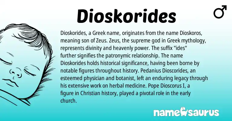 Infographic about Dioskorides name meaning, Dioskorides is a name from Greek origin(s).