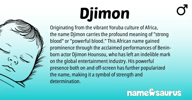 Infographic about Djimon name meaning, Djimon is a name from Yoruba, African origin(s).