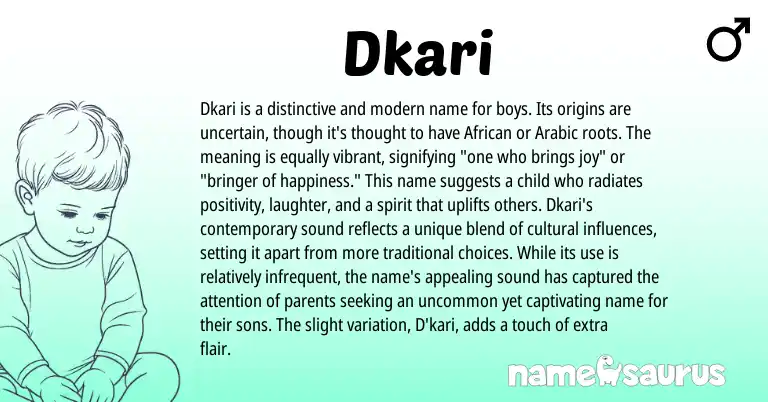 Infographic about Dkari name meaning, Dkari is a name from African, Arabic origin(s).