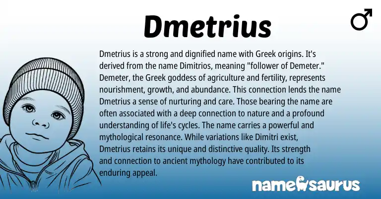 Infographic about Dmetrius name meaning, Dmetrius is a name from Greek origin(s).