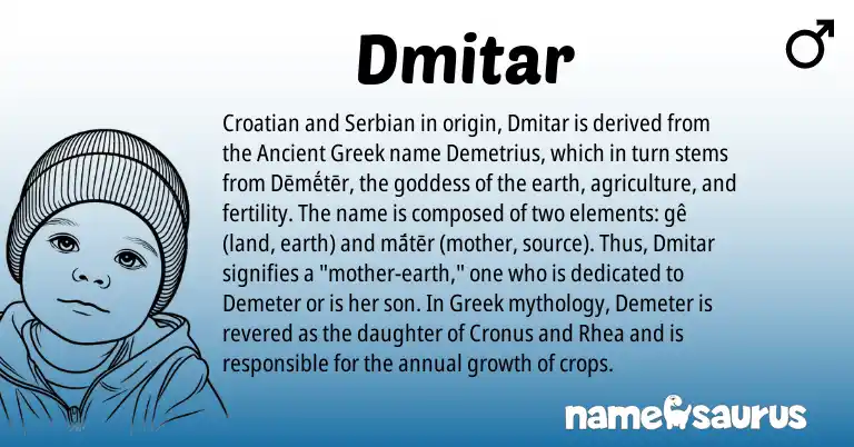Infographic about Dmitar name meaning, Dmitar is a name from Croatian, Serbian, Greek, Ancient Greek origin(s).