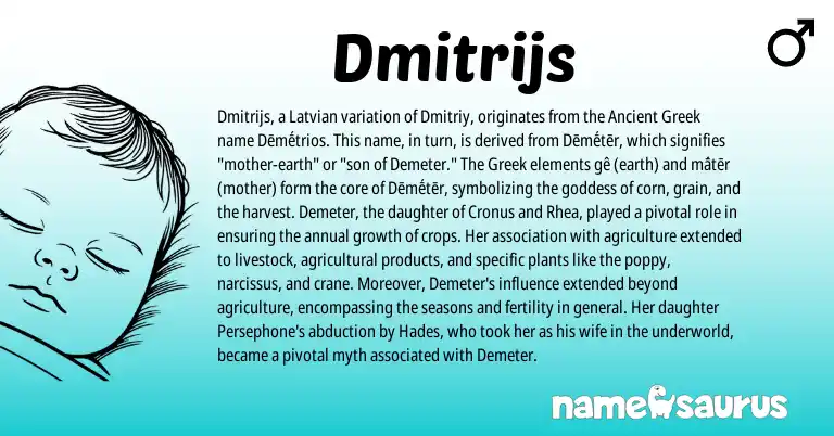Infographic about Dmitrijs name meaning, Dmitrijs is a name from Ancient Greek, Latvian, Greek origin(s).