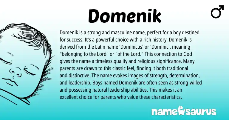 Infographic about Domenik name meaning, Domenik is a name from Latin origin(s).