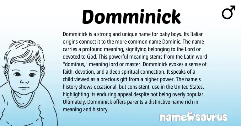 Infographic about Domminick name meaning, Domminick is a name from Italian origin(s).