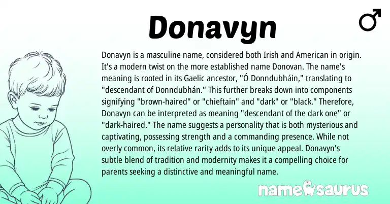 Infographic about Donavyn name meaning, Donavyn is a name from American, Irish origin(s).