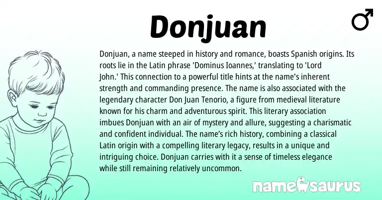 Infographic about Donjuan name meaning, Donjuan is a name from Latin, Italian, Spanish origin(s).