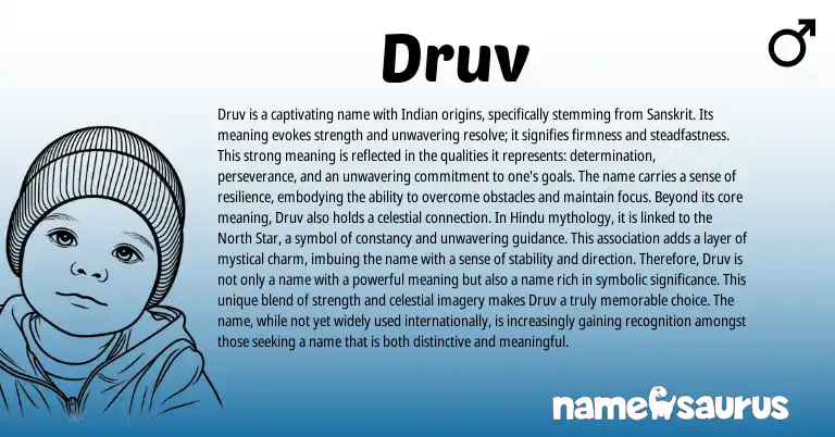 Infographic about Druv name meaning, Druv is a name from Indian, Sanskrit origin(s).
