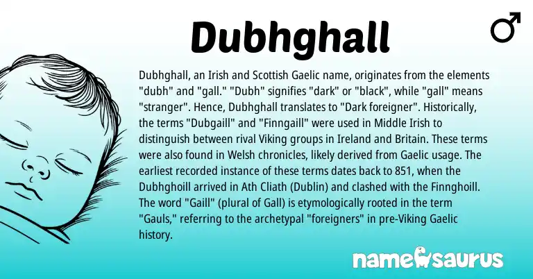 Infographic about Dubhghall name meaning, Dubhghall is a name from Irish, Gauls, Ireland, Welsh, Gaelic, Scottish origin(s).
