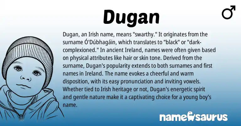 Infographic about Dugan name meaning, Dugan is a name from Irish, Ireland origin(s).