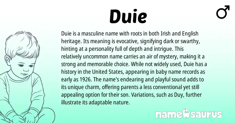 Infographic about Duie name meaning, Duie is a name from English, Irish origin(s).