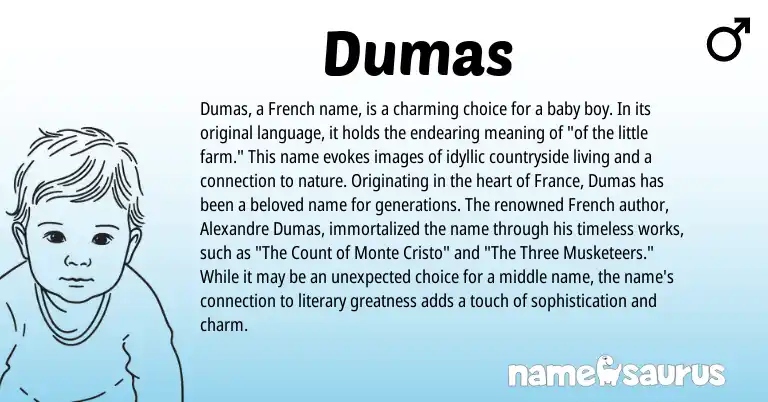 Infographic about Dumas name meaning, Dumas is a name from French origin(s).