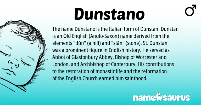 Infographic about Dunstano name meaning, Dunstano is a name from Old English, English, Anglo-Saxon, Italian origin(s).