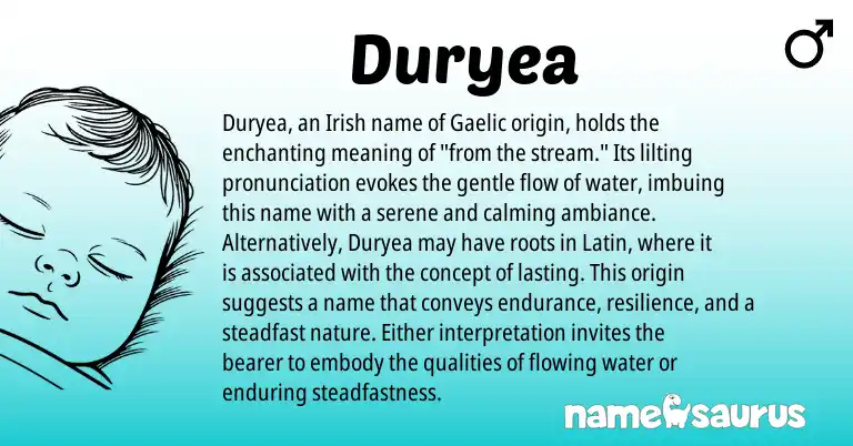 Infographic about Duryea name meaning, Duryea is a name from Irish, Gaelic, Latin origin(s).