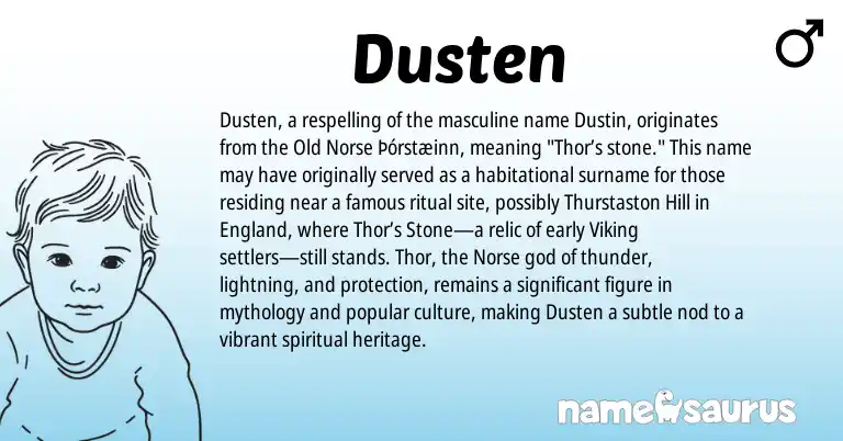 Infographic about Dusten name meaning, Dusten is a name from Old Norse, Norse, England origin(s).