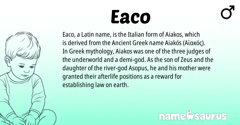 Infographic about Eaco name meaning, Eaco is a name from Greek, Ancient Greek, Latin, Italian origin(s).