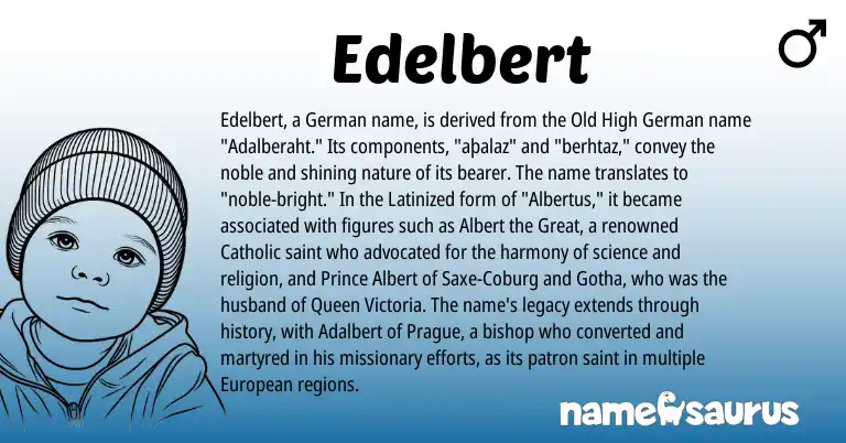 Infographic about Edelbert name meaning, Edelbert is a name from Old High German, German, European origin(s).