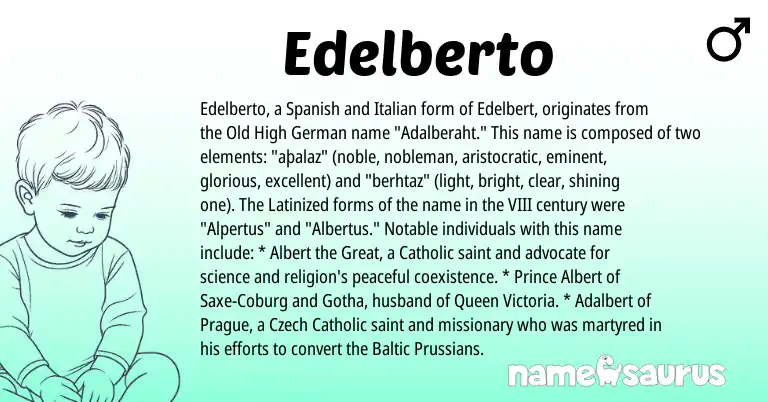 Infographic about Edelberto name meaning, Edelberto is a name from Old High German, Spanish, Baltic, Czech, Italian origin(s).