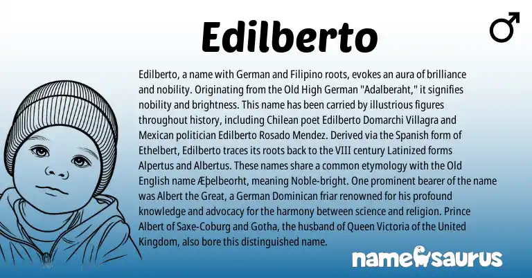 Infographic about Edilberto name meaning, Edilberto is a name from Mexican, Old High German, Filipino, Spanish, Old English, United Kingdom, German origin(s).