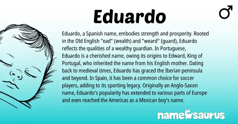 Infographic about Eduardo name meaning, Eduardo is a name from Mexican, Portugal, Anglo-Saxon, Spanish, English, Spain, Old English, Portuguese origin(s).