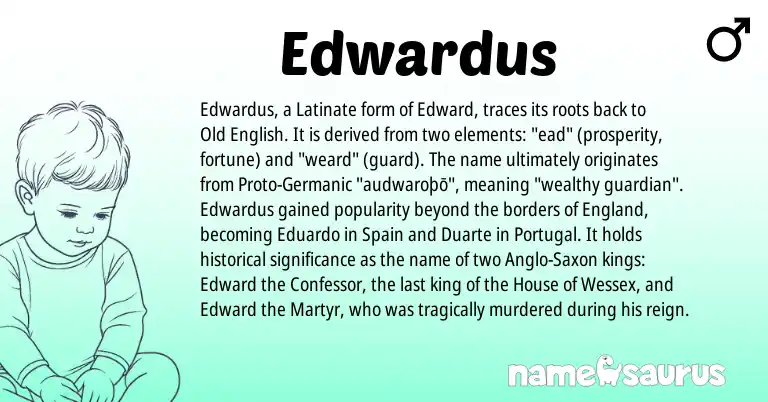 Infographic about Edwardus name meaning, Edwardus is a name from Portugal, Anglo-Saxon, England, Spain, Germanic, Old English origin(s).