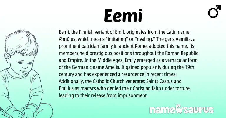 Infographic about Eemi name meaning, Eemi is a name from Roman, Germanic, Finnish, Latin origin(s).