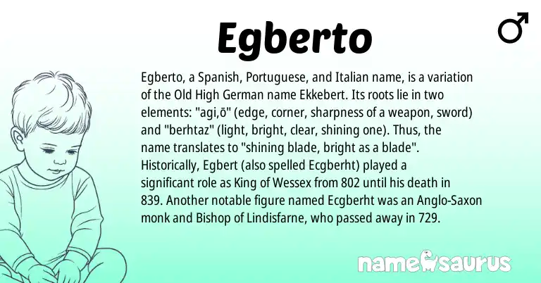 Infographic about Egberto name meaning, Egberto is a name from Portuguese, Anglo-Saxon, Old High German, Spanish, Italian origin(s).