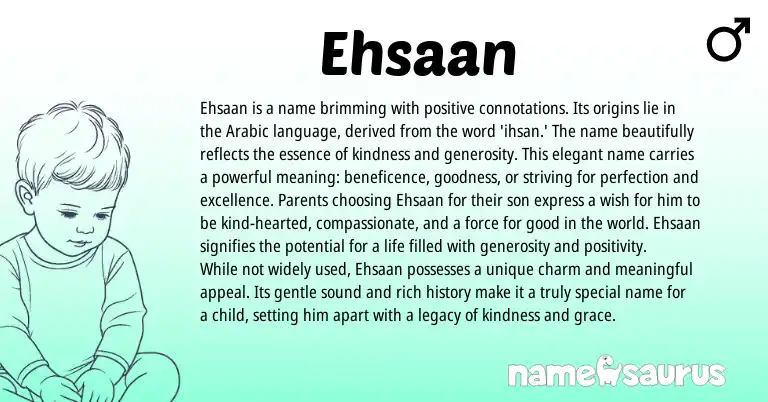 Infographic about Ehsaan name meaning, Ehsaan is a name from Arabic origin(s).