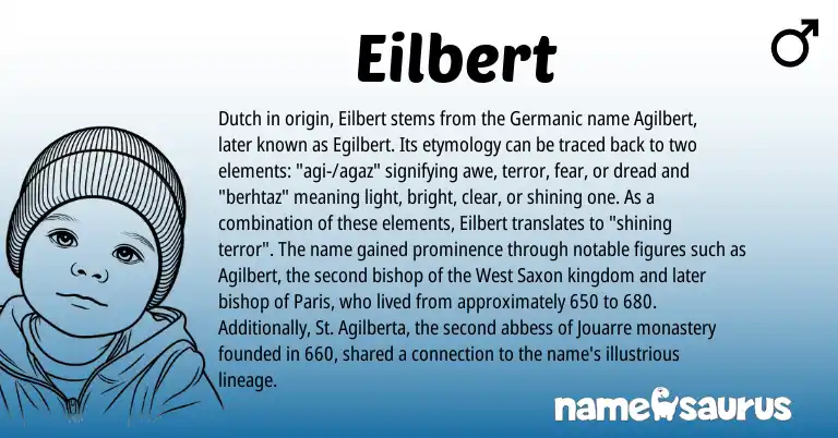 Infographic about Eilbert name meaning, Eilbert is a name from Saxon, Dutch, Germanic origin(s).