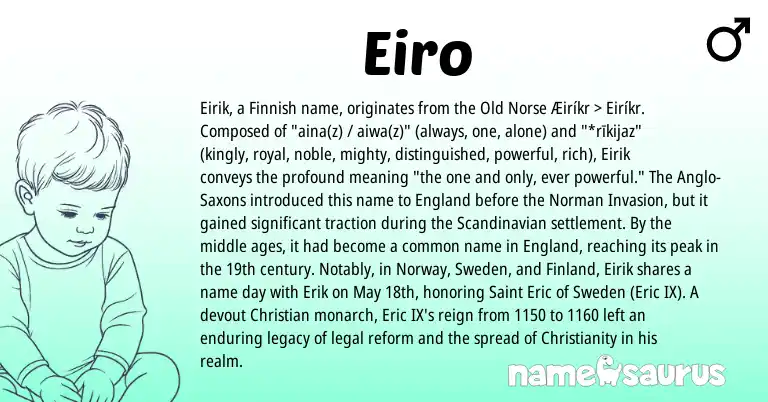Infographic about Eiro name meaning, Eiro is a name from Old Norse, Finnish, Christianity, Scandinavian, England, Norway, Norman origin(s).