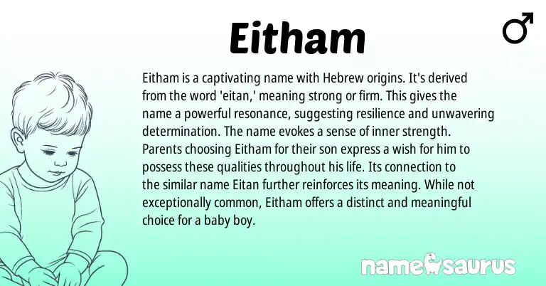 Infographic about Eitham name meaning, Eitham is a name from Hebrew origin(s).