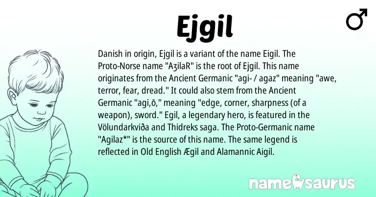 Infographic about Ejgil name meaning, Ejgil is a name from Danish, Ancient Germanic, Germanic, Old English, Norse origin(s).