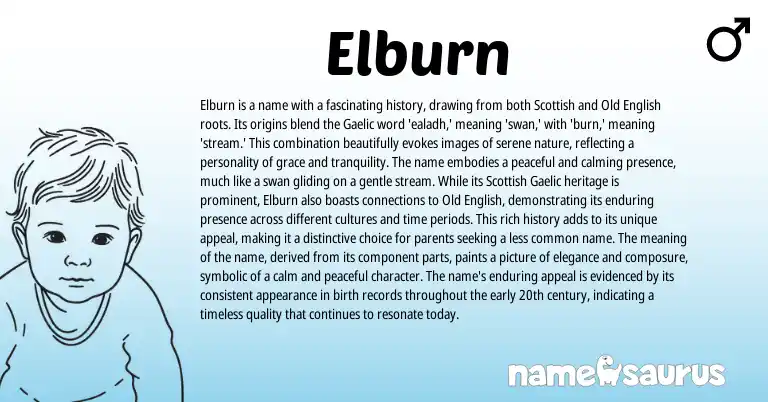 Infographic about Elburn name meaning, Elburn is a name from Scottish, Gaelic, English origin(s).