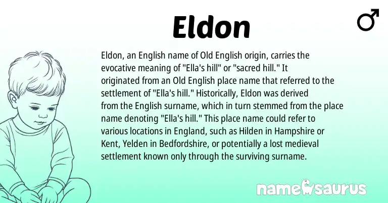 Infographic about Eldon name meaning, Eldon is a name from Old English, English, England origin(s).