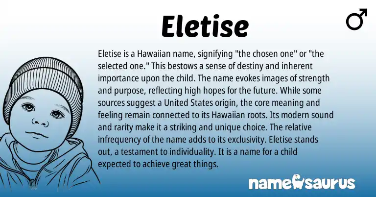 Infographic about Eletise name meaning, Eletise is a name from Hawaiian, American origin(s).